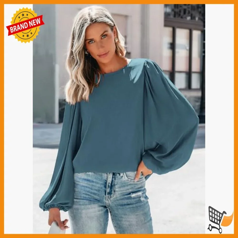 Loose Fit Chiffon Blouse Lantern Sleeve Crewneck Work Casual - Picture 5 of 7